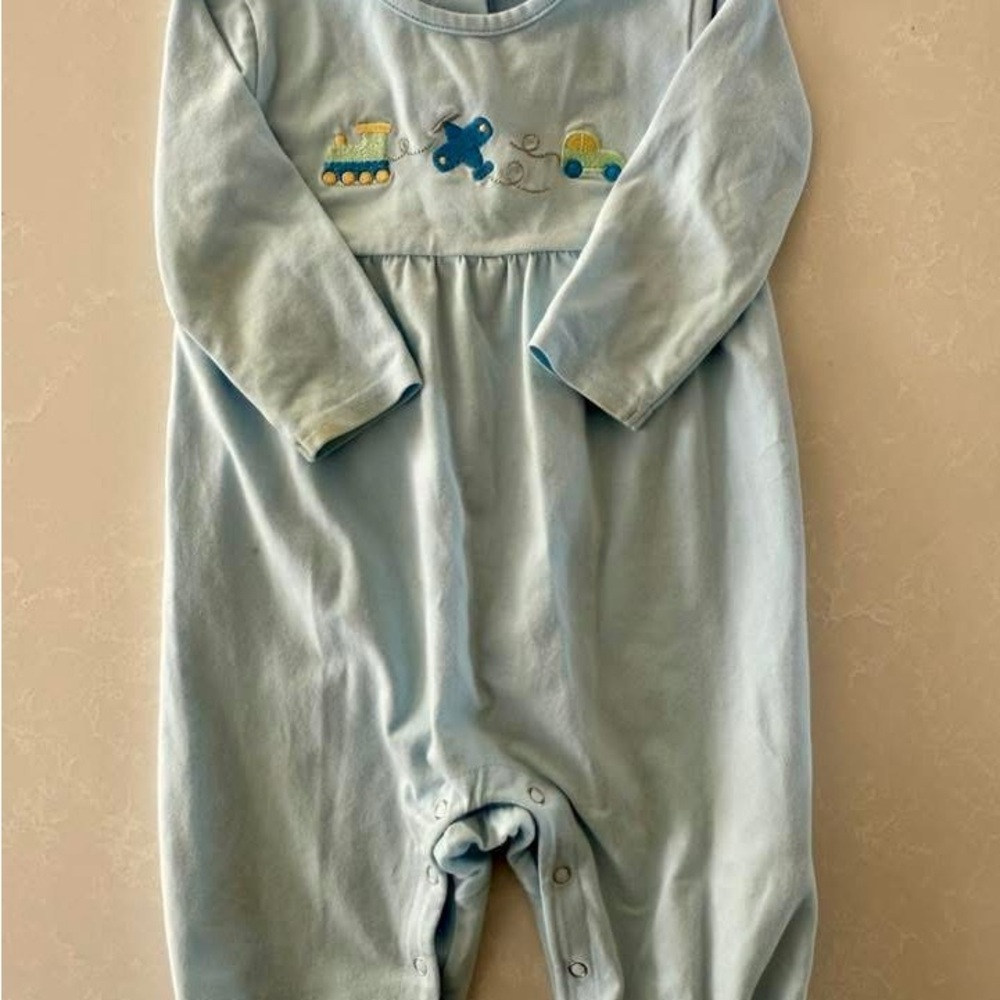Light Blue Train Embroidered Kids Footie